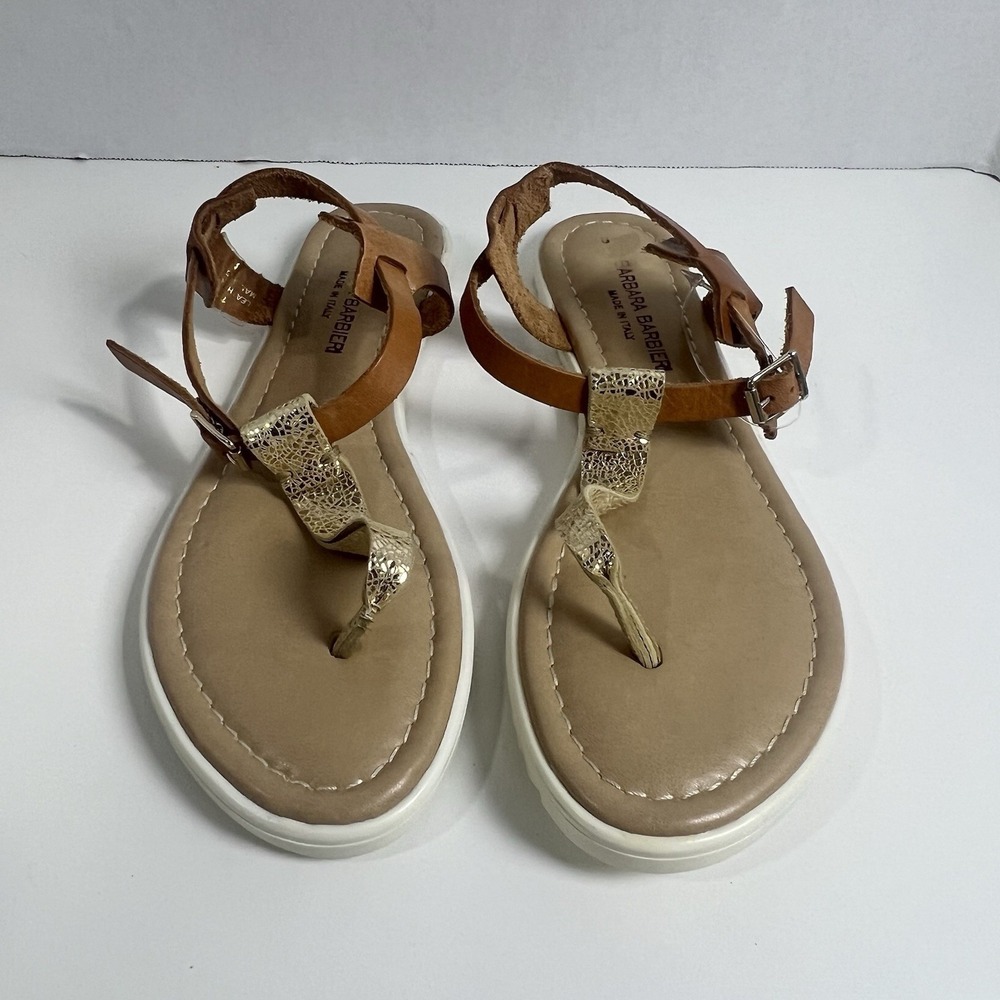 Barbara Barbieri Thong Sandals Gold Tan Leather Flat Buckle Women Size 8